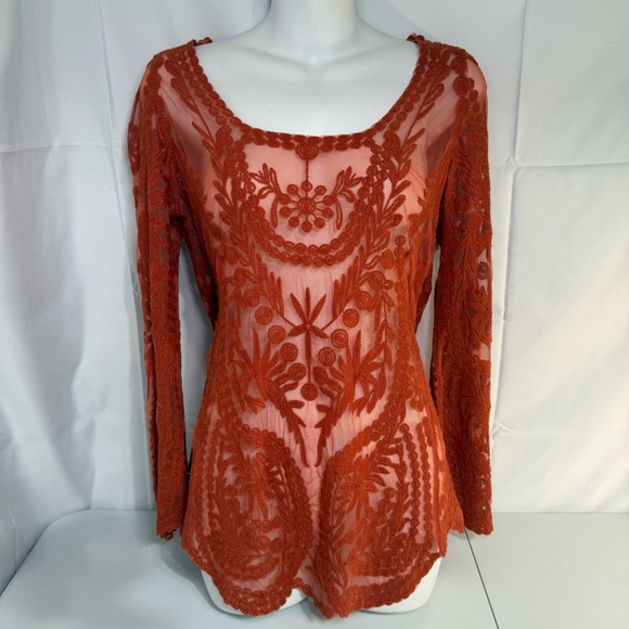 Umgee Tops - Umgee Burnt Orange Lace Sheer Boho Tunic Top Bell Sleeve M/L